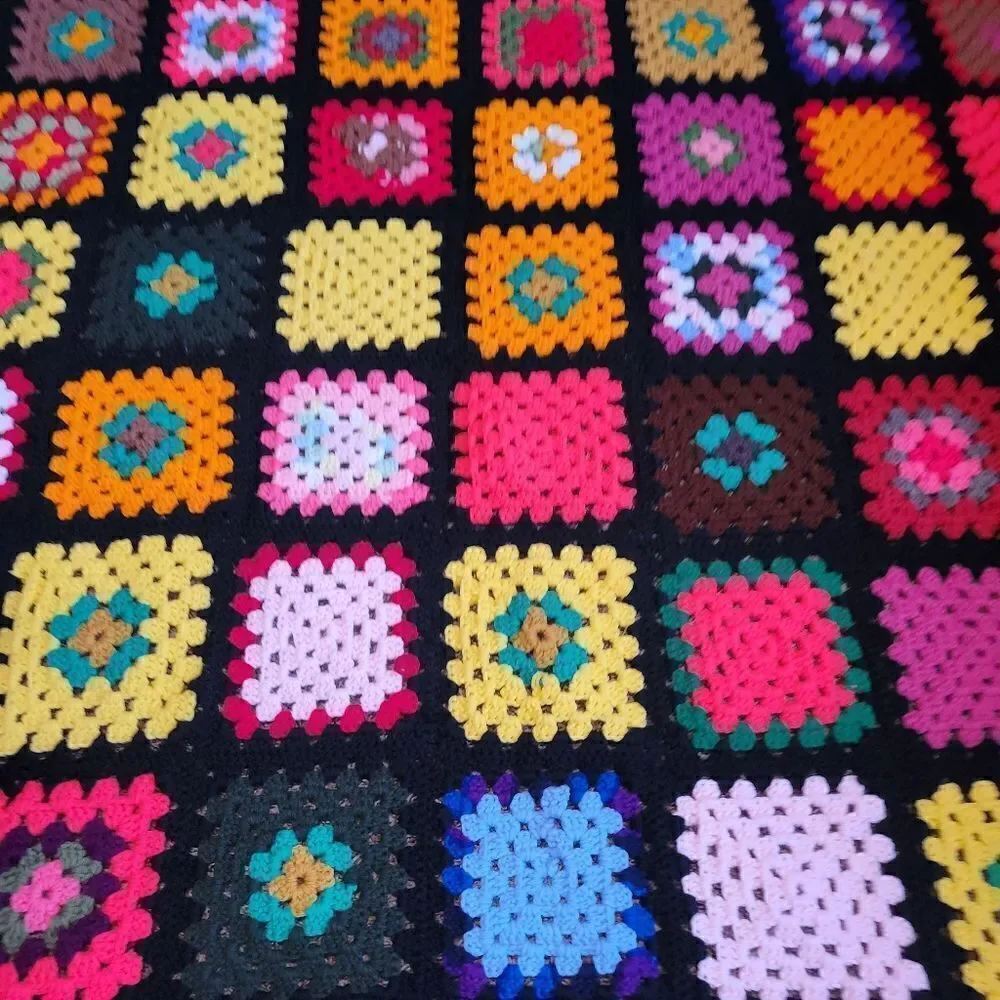 Vintage 80s Roseann Show Granny Square Afghan crochet Handmade Blanket